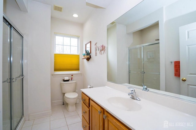 4 Cottonwood Ct, Plainsboro, NJ 08536 - bathroom featuring vanity, tile patterned flooring, a shower stall, toilet, and recessed lighting