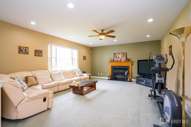 4 Cottonwood Ct, Plainsboro, NJ 08536 - living area featuring ceiling fan, recessed lighting, carpet flooring, a fireplace with flush hearth, and baseboards