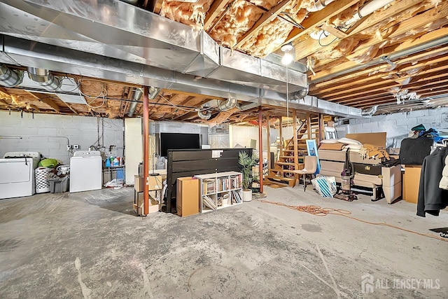 unfinished below grade area with stairs and washer and clothes dryer