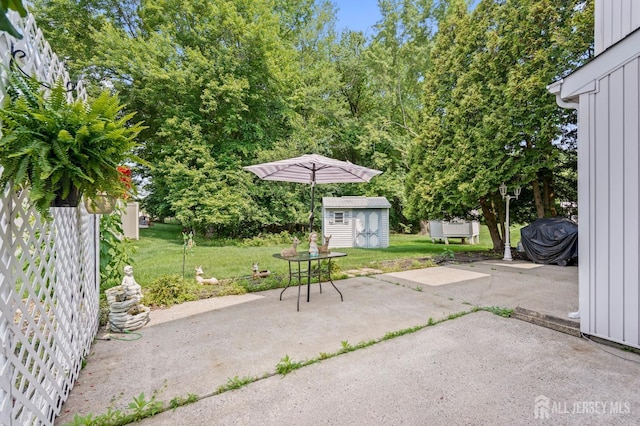 236 Community Cir, Old Bridge, NJ 08857 - view of patio / terrace with a shed and view of wooded area