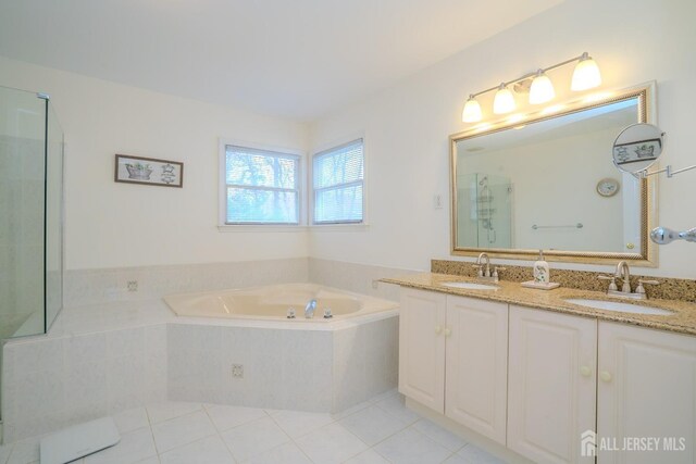3 Clark Ct, Monroe, NJ 08831 - bathroom featuring a shower with shower door, double vanity, a bath, and a sink