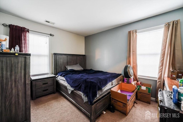 carpeted bedroom featuring multiple windows