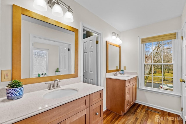 bathroom with hardwood / wood-style flooring, a healthy amount of sunlight, and vanity