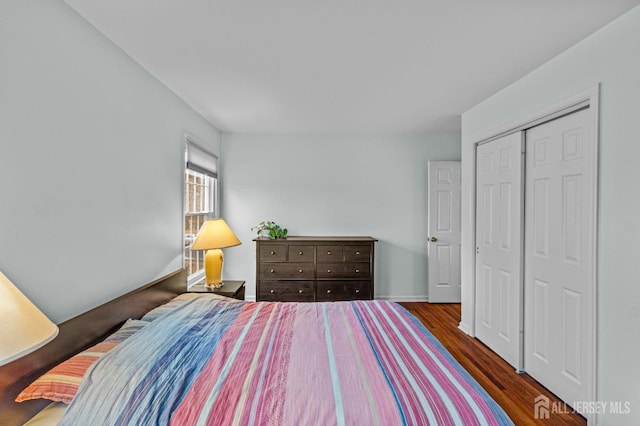 bedroom featuring dark hardwood / wood-style flooring and a closet