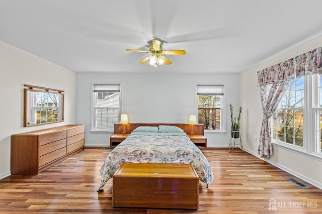 bedroom featuring ceiling fan and light hardwood / wood-style flooring