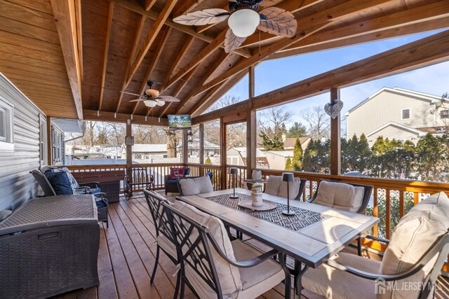 snow covered deck with ceiling fan