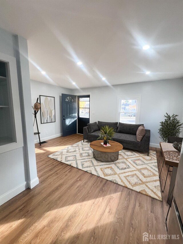 living room with plenty of natural light and wood-type flooring