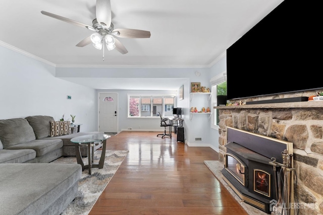 9 Hatakawana Ter, Mount Olive, NJ 07828 - living area featuring wood finished floors, crown molding, a ceiling fan, and baseboards
