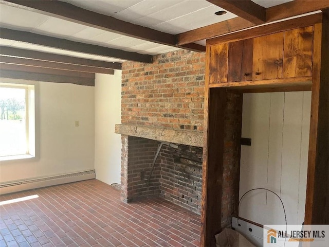 unfurnished living room with brick floor, a brick fireplace, beamed ceiling, and baseboard heating