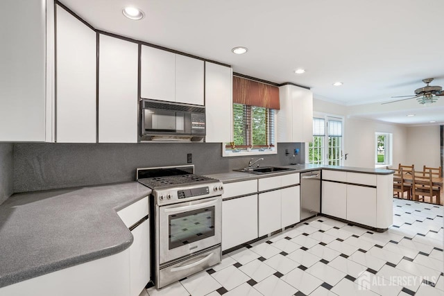 15 Meredith Rd, Edison, NJ 08817 - kitchen with appliances with stainless steel finishes, a sink, ornamental molding, a peninsula, and white cabinets