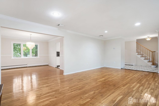 15 Meredith Rd, Edison, NJ 08817 - unfurnished living room featuring light wood-style flooring, stairs, baseboard heating, a chandelier, and crown molding