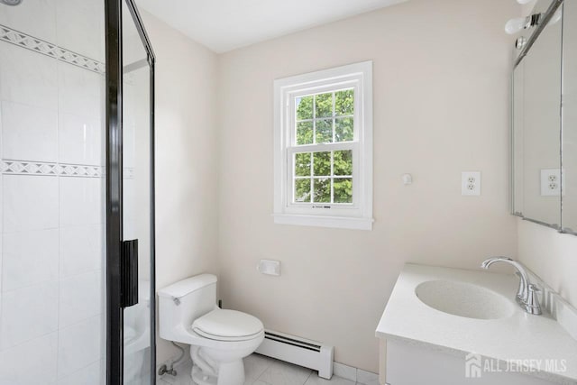15 Meredith Rd, Edison, NJ 08817 - bathroom with a baseboard heating unit, vanity, a shower stall, and toilet
