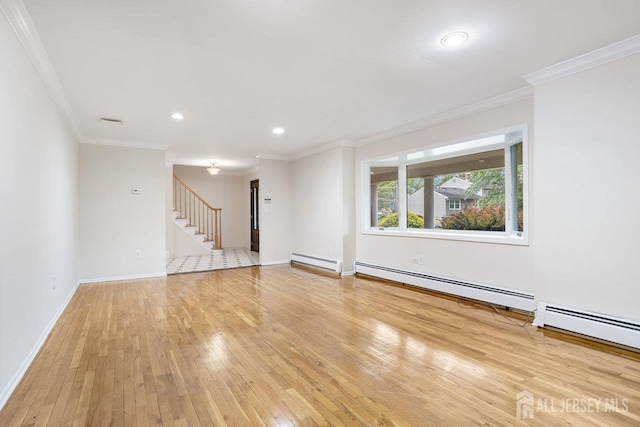 15 Meredith Rd, Edison, NJ 08817 - unfurnished room with baseboard heating, light wood-type flooring, ornamental molding, stairway, and baseboards