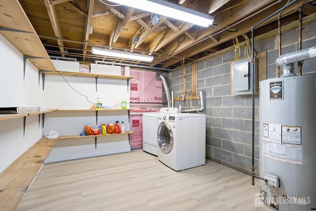 15 Meredith Rd, Edison, NJ 08817 - laundry room featuring gas water heater, washing machine and dryer, electric panel, light wood-style flooring, and concrete block wall