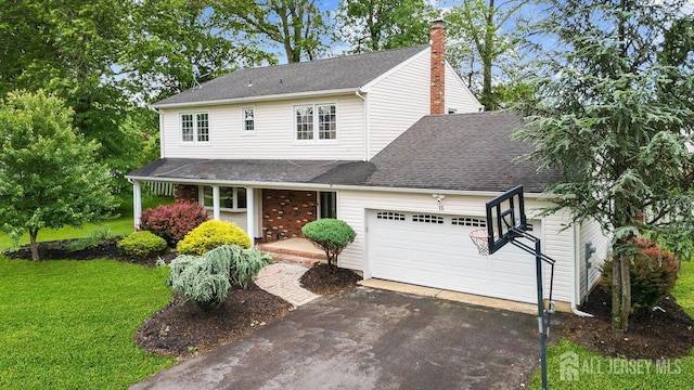 15 Meredith Rd, Edison, NJ 08817 - view of front facade featuring covered porch, an attached garage, a chimney, driveway, and a front lawn