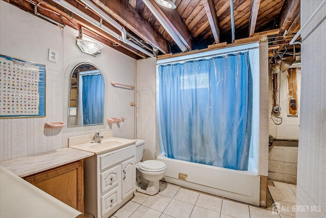 full bathroom with tile patterned floors, toilet, vanity, shower / tub combo, and wood ceiling