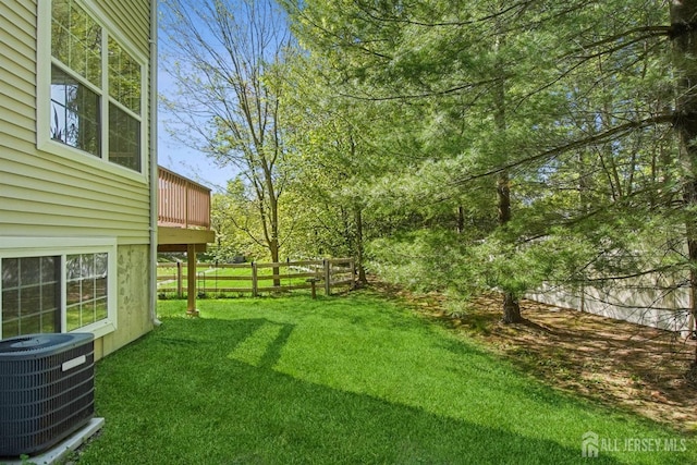 view of yard with cooling unit and a wooden deck