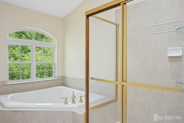 bathroom with a bath and a stall shower