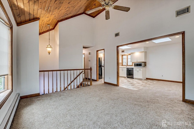 221 S Pine Ave S, South Amboy, NJ 08879 - unfurnished living room featuring a baseboard heating unit, light colored carpet, wooden ceiling, ceiling fan, and high vaulted ceiling