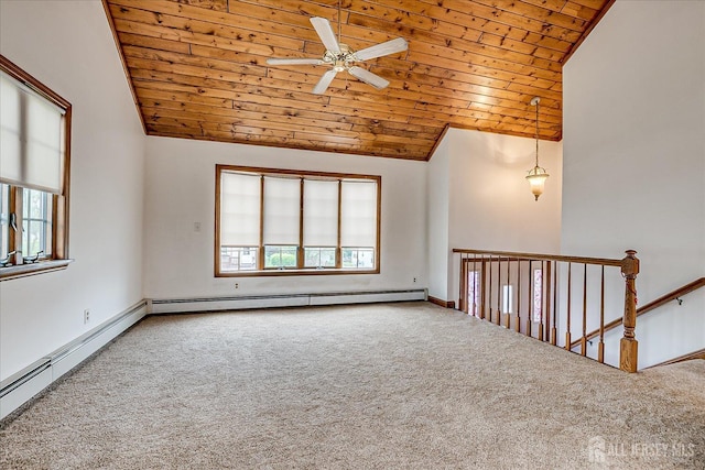 221 S Pine Ave S, South Amboy, NJ 08879 - carpeted empty room with wooden ceiling, plenty of natural light, a baseboard radiator, ceiling fan, and high vaulted ceiling