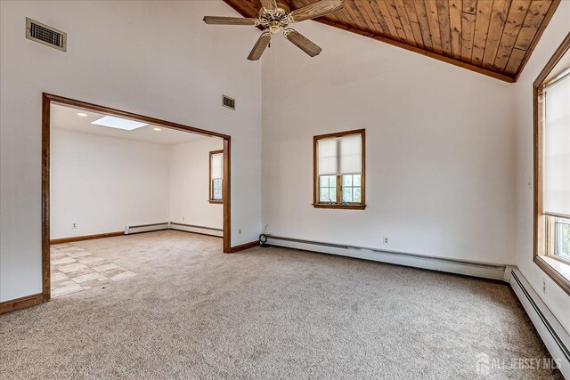 221 S Pine Ave S, South Amboy, NJ 08879 - carpeted empty room featuring a baseboard radiator, wood ceiling, a ceiling fan, and high vaulted ceiling