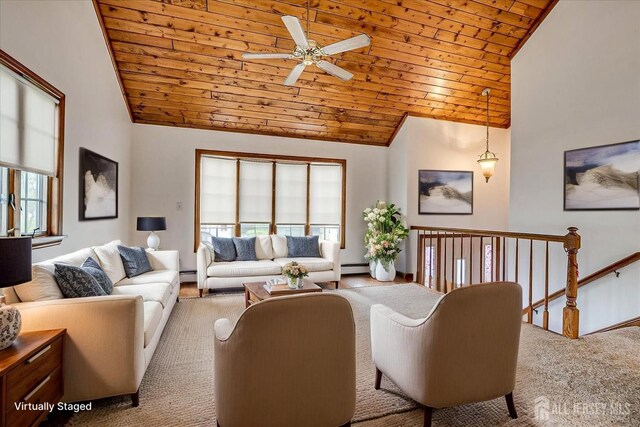 221 S Pine Ave S, South Amboy, NJ 08879 - living room with wood ceiling, healthy amount of natural light, a ceiling fan, carpet floors, and a baseboard heating unit