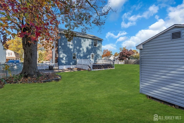 view of yard featuring a fenced backyard and a wooden deck