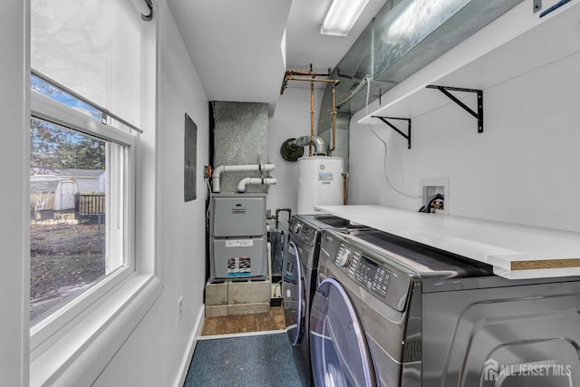 laundry room with gas water heater, laundry area, baseboards, washer and dryer, and electric panel