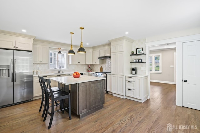 39 Embroidery St, Sayreville, NJ 08879 - kitchen with appliances with stainless steel finishes, under cabinet range hood, decorative backsplash, light countertops, and open shelves