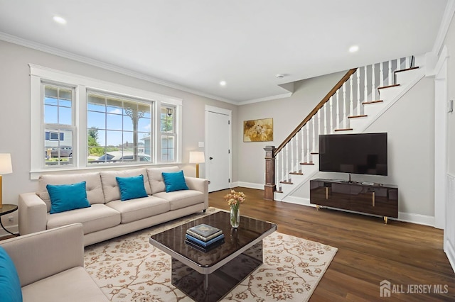 39 Embroidery St, Sayreville, NJ 08879 - living area featuring stairway, crown molding, wood finished floors, and recessed lighting