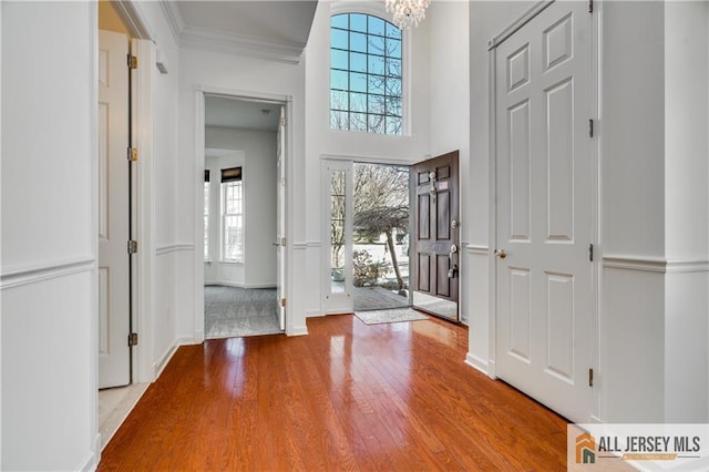 entryway featuring wood finished floors, a towering ceiling, baseboards, ornamental molding, and an inviting chandelier