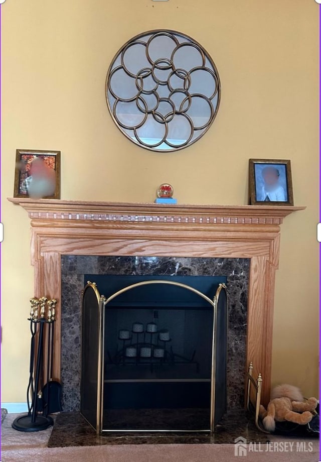 interior details featuring a fireplace