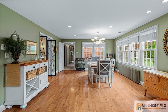 57 Patton Dr, East Brunswick, NJ 08816 - dining area featuring radiator heating unit, a chandelier, light wood-type flooring, recessed lighting, and baseboards