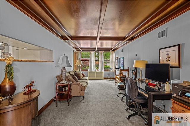 57 Patton Dr, East Brunswick, NJ 08816 - home office featuring carpet floors, baseboards, and wooden ceiling