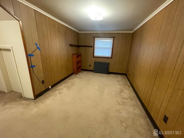 309 S 2nd Ave S, Highland Park, NJ 08904 - spare room featuring radiator heating unit, wood walls, light colored carpet, and ornamental molding