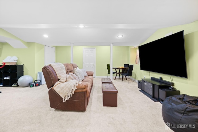 carpeted living room featuring recessed lighting