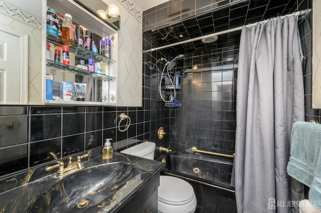 701 Beach Ave, Beachwood, NJ 08722 - full bath with curtained shower, vanity, backsplash, and tile walls