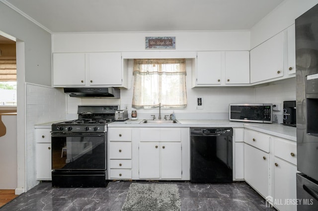 701 Beach Ave, Beachwood, NJ 08722 - kitchen with black appliances, range hood, light countertops, white cabinets, and backsplash