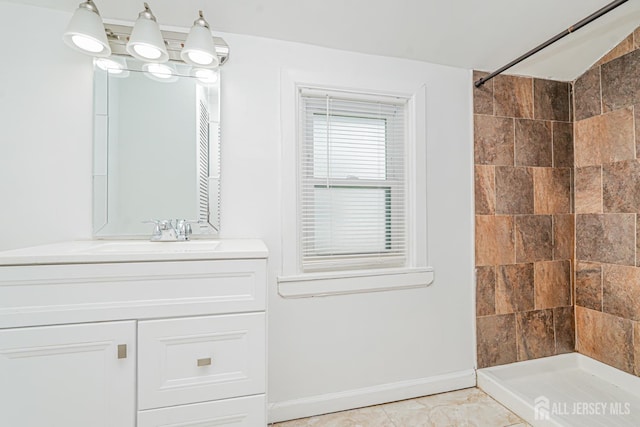 61 Trinity Ln, Woodbridge Proper, NJ 07095 - full bath featuring tiled shower, vanity, and a chandelier