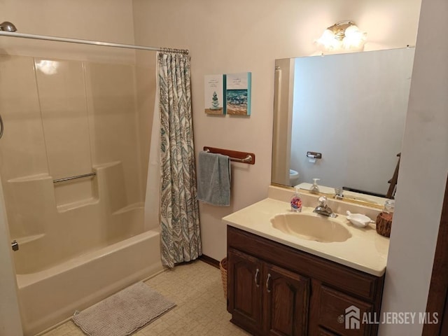 full bath with toilet, shower / tub combo, and vanity