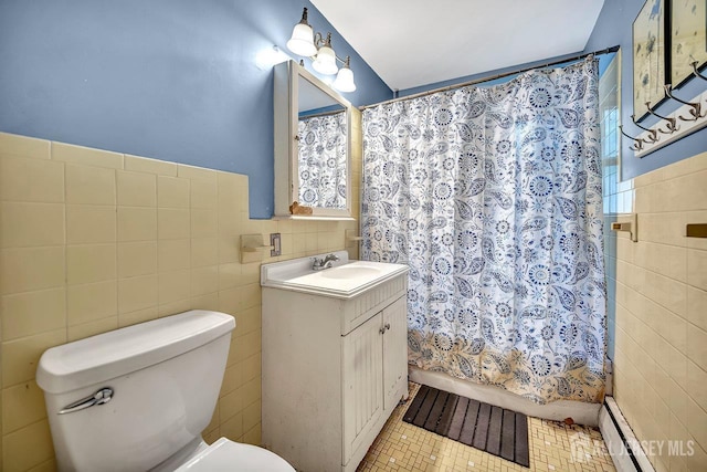 30 Falmouth Rd, Iselin, NJ 08830 - full bath featuring a baseboard radiator, tile walls, toilet, vanity, and shower / bath combo with shower curtain