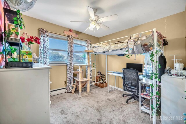 30 Falmouth Rd, Iselin, NJ 08830 - bedroom featuring carpet floors, an office area, baseboards, ceiling fan, and a baseboard heating unit