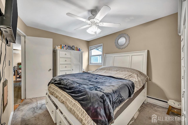 30 Falmouth Rd, Iselin, NJ 08830 - bedroom featuring a baseboard radiator, light colored carpet, a ceiling fan, and baseboards