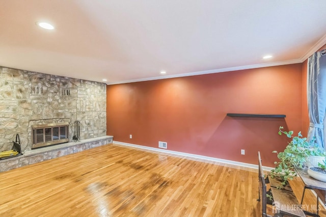45 S Brook Dr, Milltown, NJ 08850 - unfurnished living room with wood finished floors, ornamental molding, recessed lighting, and a fireplace