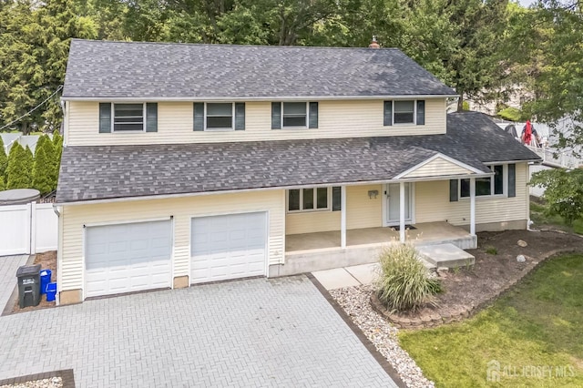 45 S Brook Dr, Milltown, NJ 08850 - view of front of property featuring decorative driveway, a garage, roof with shingles, a porch, and view of scattered trees