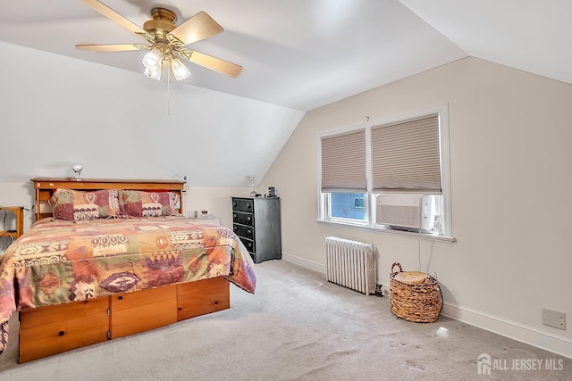 436 2nd St, Dunellen, NJ 08812 - carpeted bedroom featuring radiator, vaulted ceiling, cooling unit, baseboards, and a ceiling fan