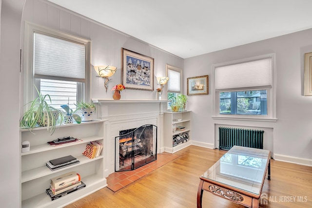 436 2nd St, Dunellen, NJ 08812 - living area featuring radiator, a fireplace with raised hearth, and light wood finished floors