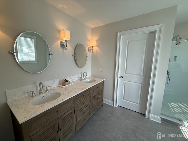 3504 Charleston Dr, Monroe, NJ 08831 - bathroom with double vanity, a stall shower, and baseboards