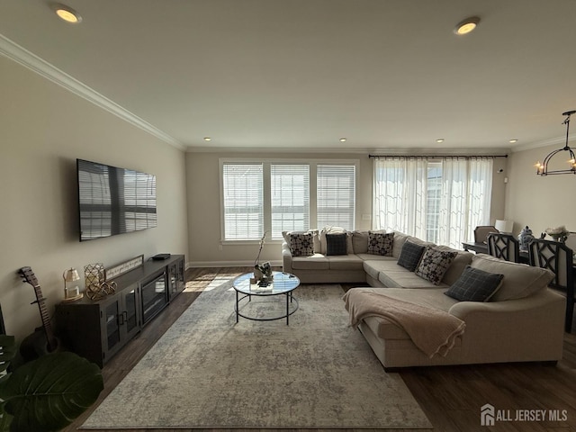3504 Charleston Dr, Monroe, NJ 08831 - living room with dark wood-type flooring, ornamental molding, a chandelier, baseboards, and recessed lighting
