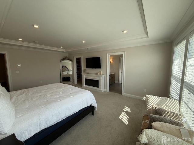 3504 Charleston Dr, Monroe, NJ 08831 - bedroom featuring baseboards, light colored carpet, crown molding, recessed lighting, and a fireplace
